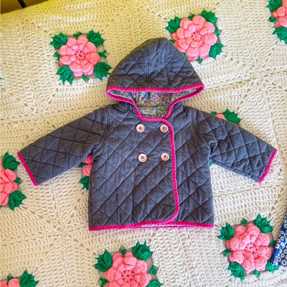 Baby Boden 6-12 Months Quilted Gray Baby Jacket with Pink Trim
